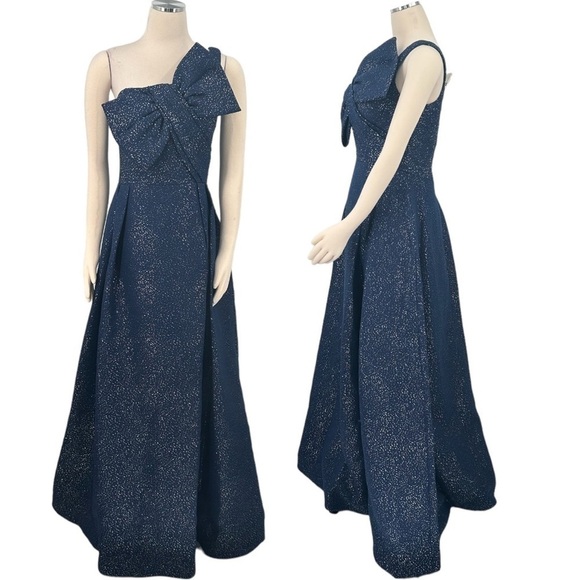 Teri Jon By Rickie Freeman Asymmetric Bow Metallic Sparkle Jacquard Maxi Gown - Picture 10 of 13